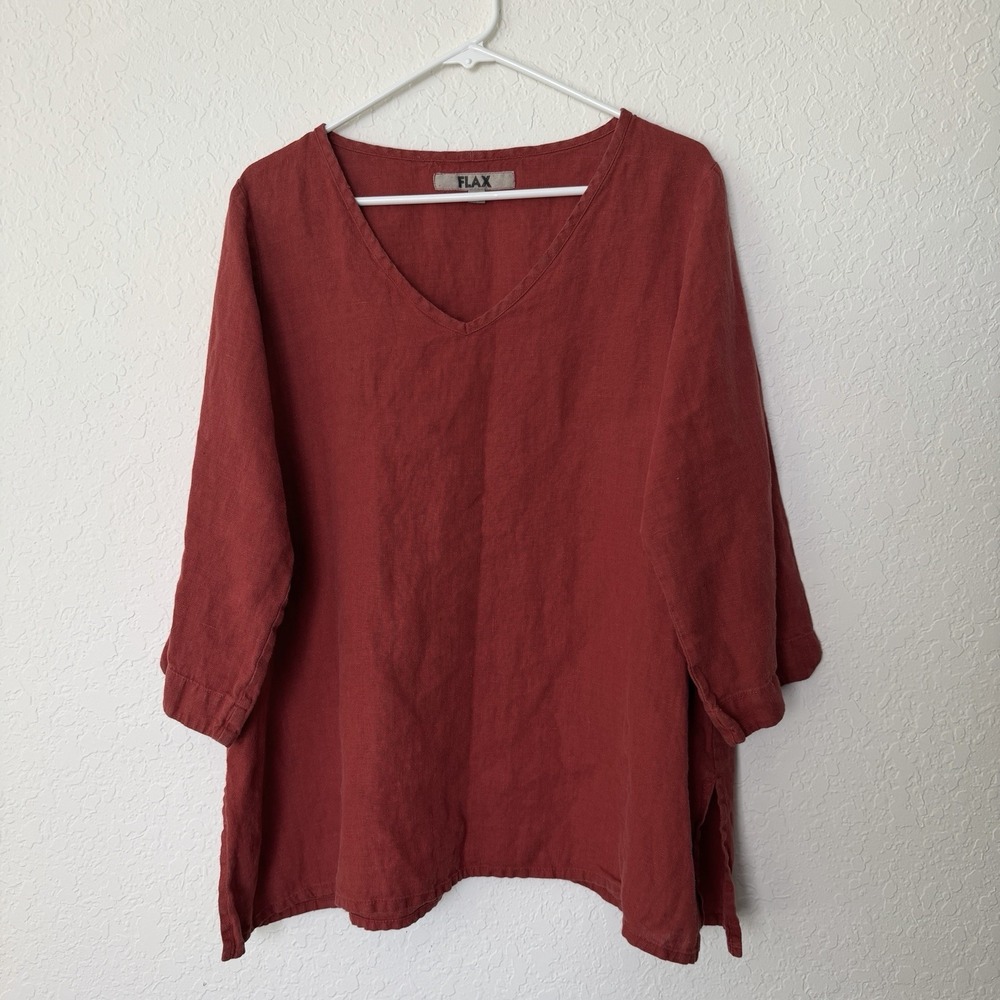 Flax Top Womens Large Rust Red 100% Linen Oversized Tunic Lagenlook Coastal Fall
